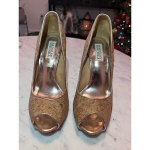 Badgley Mischka Tan Cork Glitter Peep Toe Heel, Size 7 – Excellent Condition